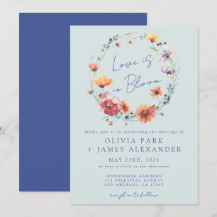 Convites O amor está em Bloom Floral Wreath Blue Wedding