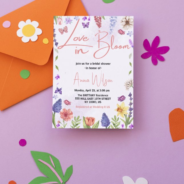 Convites o amor está florescendo brunch e champanhe chá de  (love is in bloom bridal shower invitations colorful flowers wildflowers floral hand written hand let)