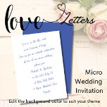 Convites O amor está no ar MICRO WEDDING Tinta manuscrita<br><div class="desc">Este convite de casamento "Love Let ter" tem uma pequena quantidade de detalhes! Os ossos nus, nomes, data, hora, local e localização. Você pode adicionar detalhes à parte traseira digitando as ferramentas de design e 'adicionando texto', você também pode alterar a cor do plano de fundo, a fonte, a cor...</div>