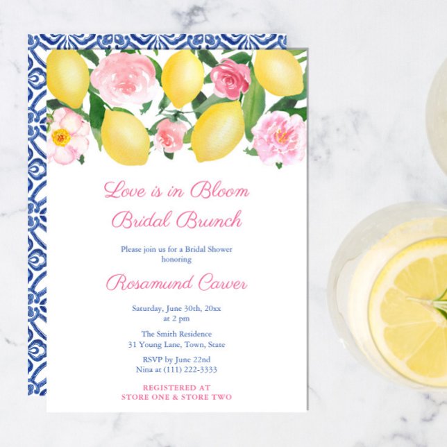 Convites O Amor Está No Bloom Citrus Chá de panela BrunPart (Love Is In Bloom Amore Lemons Pink Bridal Shower Brunch Party Invitation)