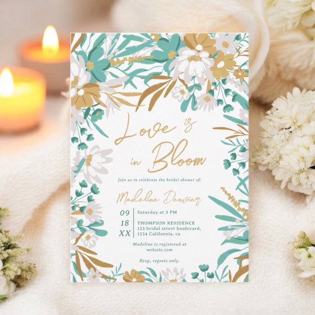 Convites O amor está no Dourado Chá de panela Floral Teal (Love is in bloom Teal Gold Floral Bridal Shower Invitation)