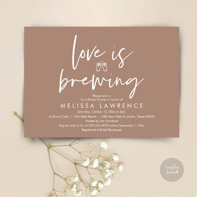 Convites O amor está se formando, Chá de panela da Festa de (Love is brewing, Beer Party Bridal Shower Invitation Card, PDF, in Warm Taupe)