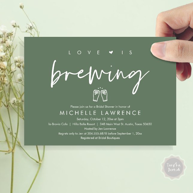 Convites O amor está se formando, Chá de panela da Festa de (Love is Brewing, Bridal Shower Invitation Card, PDF, Beer Brew Party Celebration, Forest Sage Green)