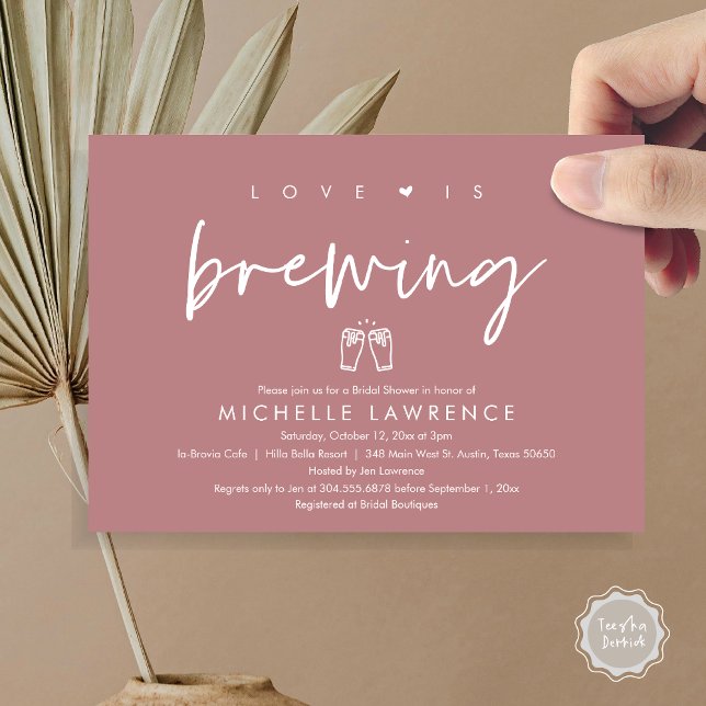 Convites O amor está se formando, Chá de panela da Festa de (Love is Brewing, Bridal Shower Invitation Card, PDF, Beer Brew Party Celebration, Dusty Rose Pink)