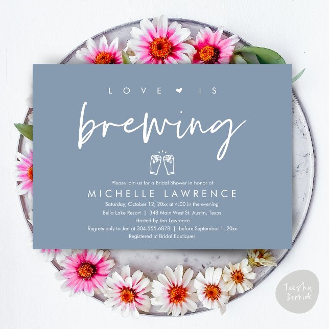Convites O amor está se formando, Chá de panela do Casual B (Love is brewing, Modern Casual Romantic Beer Party Bridal Shower Invitation Card, PDF, Dusty Blue)