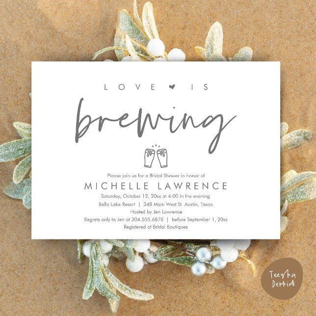 Convites O amor está se formando, Chá de panela do Casual B (Love is brewing, Modern Casual Romantic Beer Party Bridal Shower Invitation Card, PDF, Grey)