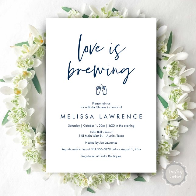 Convites O amor está se formando, Festa de Cerveja Chá de p (Love is brewing, Modern Elegance Bridal Shower Beer Party Invitation Card, PDF, in Navy Blue)