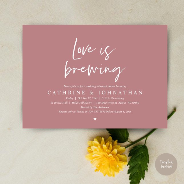Convites O amor está se formando, Janto de ensaio de casame (Love is Brewing, Wedding Rehearsal Invitation Card, pdf, Beer Wine Party, in Dusty Rose Pink)