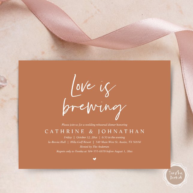Convites O amor está se formando, Janto de ensaio de casame (Love is Brewing, Wedding Rehearsal Invitation Card, pdf, Beer Wine Party, in Copper Brown)