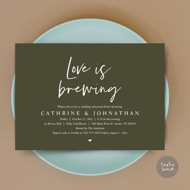 Convites O amor está se formando, Janto de ensaio de casame (Love is Brewing, Wedding Rehearsal Invitation Card, pdf, Beer Wine Party, in Olive Green)