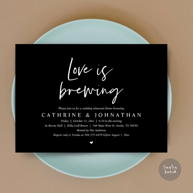 Convites O amor está se formando, Janto de ensaio de casame (Love is Brewing, Wedding Rehearsal Invitation Card, pdf, Beer Wine Party, in Elegant Black)