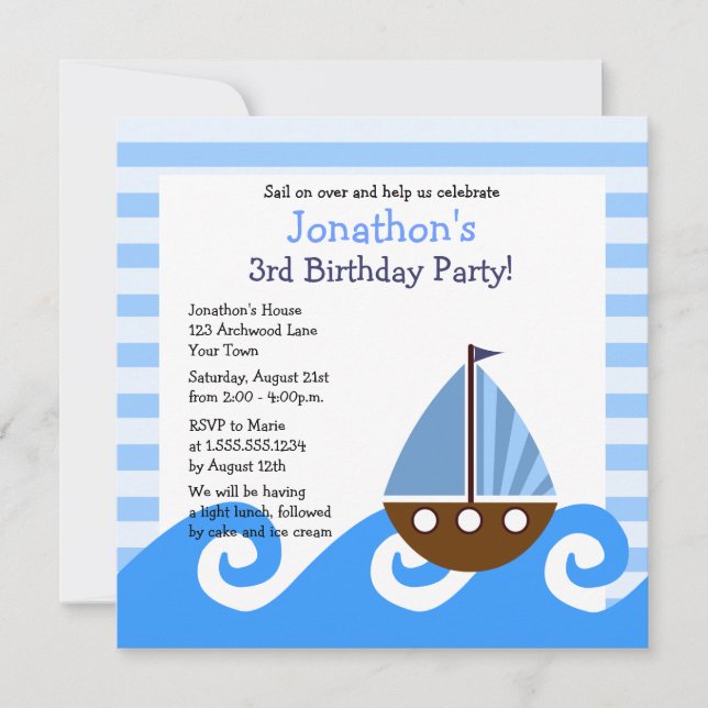 Convites O aniversário azul do veleiro pequeno bonito (Frente)