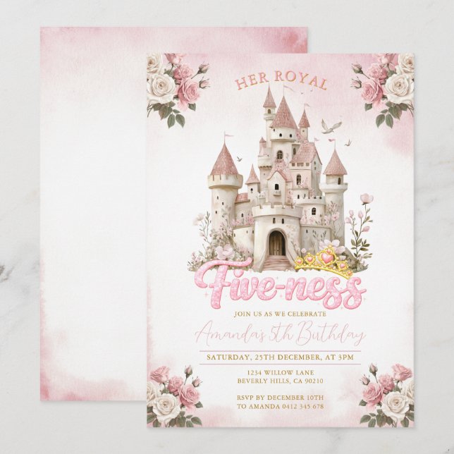 Convites O Aniversário da Princesa Cinco Real Rosa (Frente/Verso)