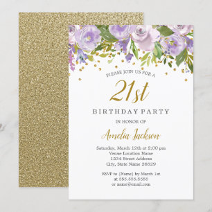 Convites O aniversário de 21 anos roxo floral da faísca