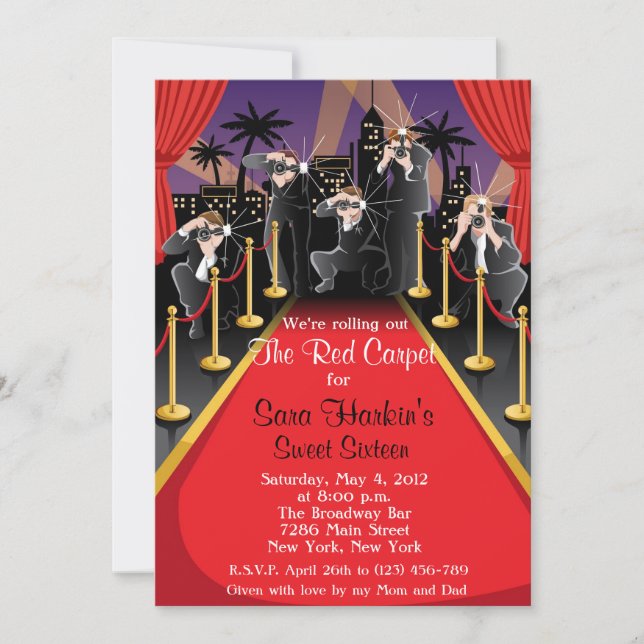 Convites O aniversário do doce 16 de Hollywood do tapete (Frente)