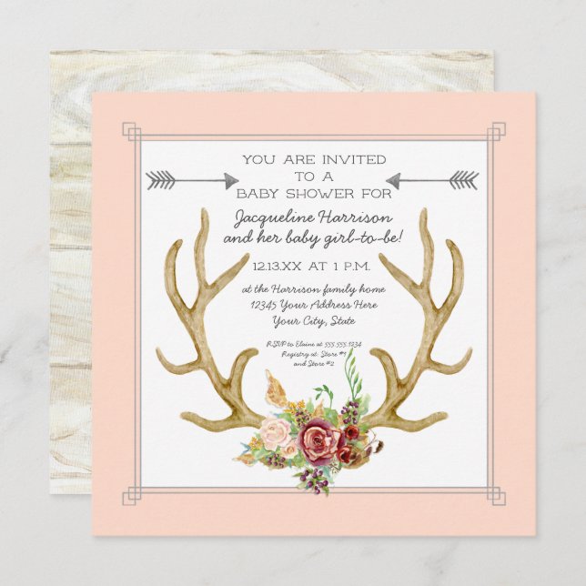 Convites O Antler quadrado dos cervos cora chá floral do (Frente/Verso)