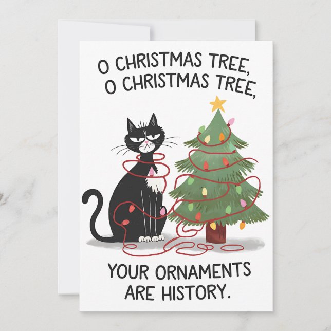 Convites Ó Árvore de Natal Seus Enfeites São História Gato (Frente)