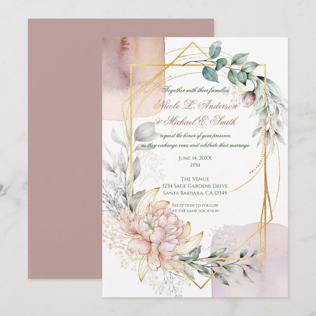 Convites O Aureate Quadro Rosa Flora Verdes de Casamento  (Frente/Verso)