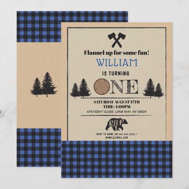 Convites O azul da festa de aniversário UMA do lenhador (Frente/Verso)