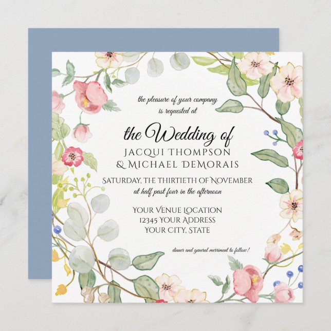 Convites O azul empoeirado Painterly cora aguarela (Frente/Verso)