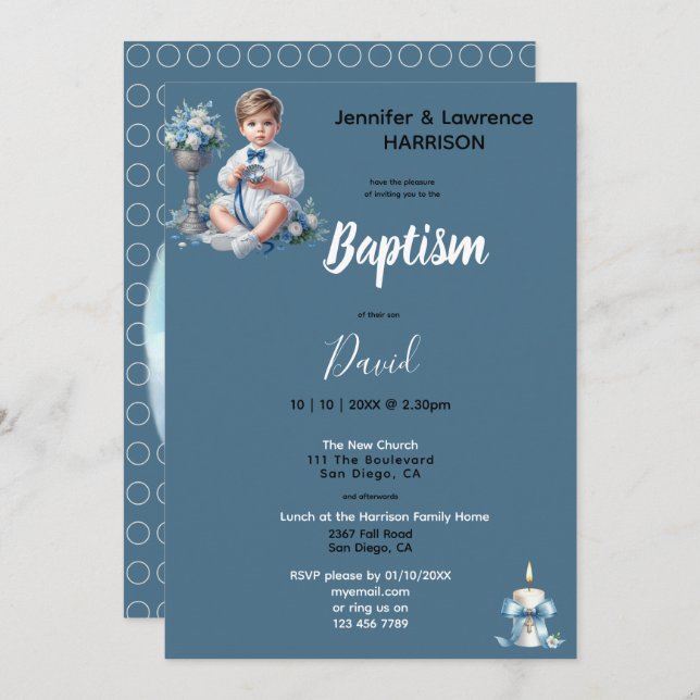 Convites O Batismo do Menino é Azul Personalizado (Frente/Verso)