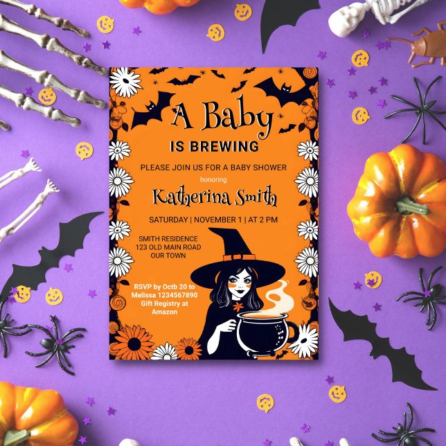 Convites O bebê do chá de fraldas de Halloween está se prep (Halloween baby is brewing baby shower template invitation instant download cute witch bats retro)