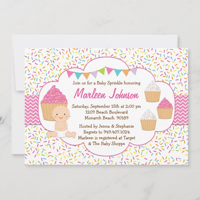 Convites O bebê do cupcake polvilha a menina do rosa do (Frente)