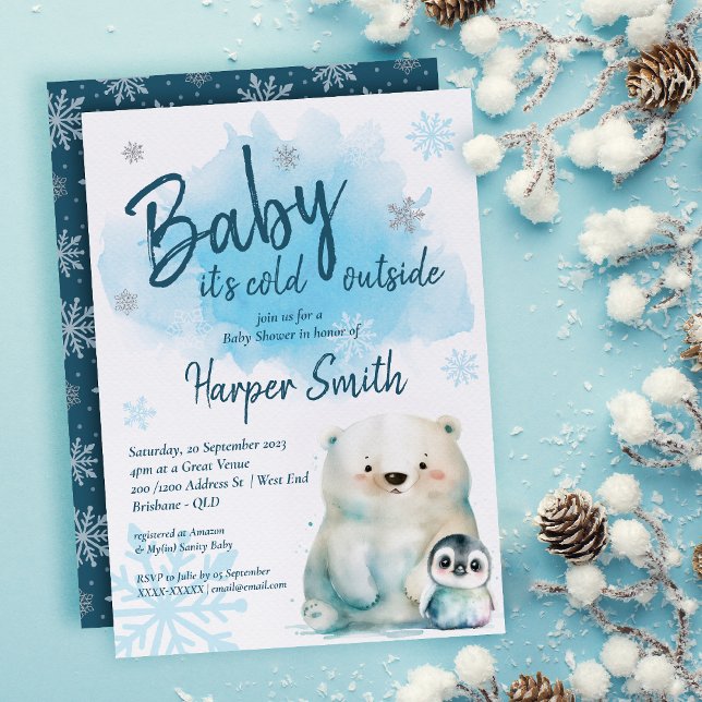 Convites O bebê é frio fora do Chá de fraldas de inverno ( Get ready to turn up the coolness at our Winter Baby Shower with this captivating invitation! )