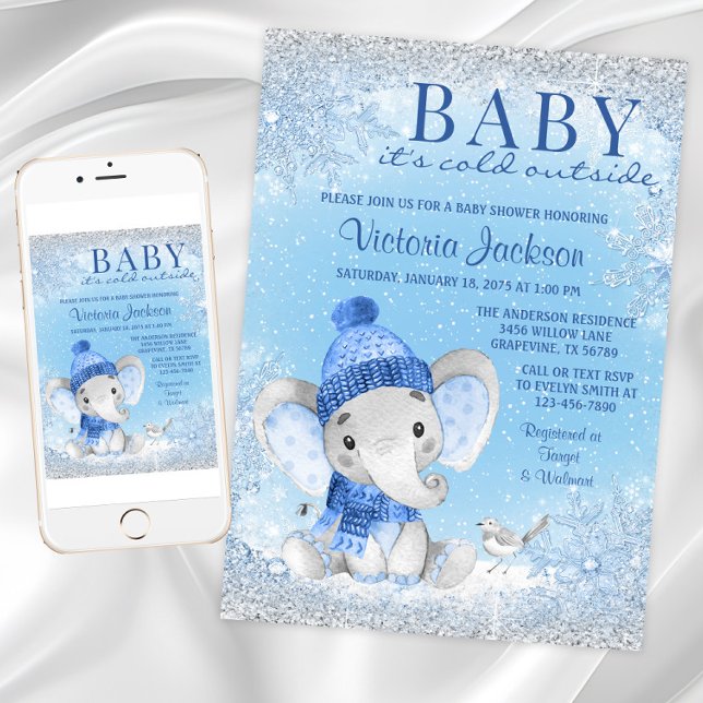 Convites O Bebê Elefante é frio fora do Chá de fraldas (Boy winter wonderland baby shower invitation with cute winter elephant on a snowflake background.)