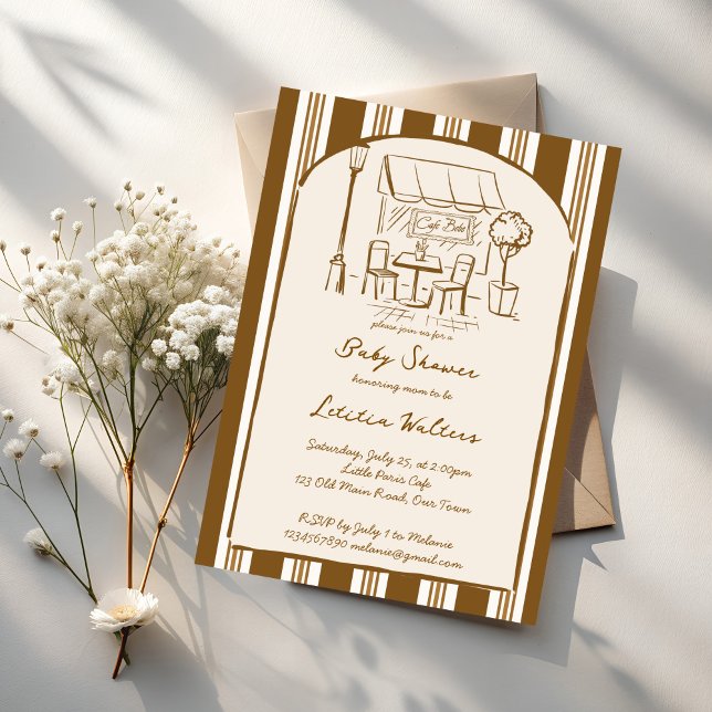 Convites O bebê está preparando café bebe chá de bebê (Baby is brewing cafe bebe coffee baby shower invitation cards template vintage brown stripes invites)