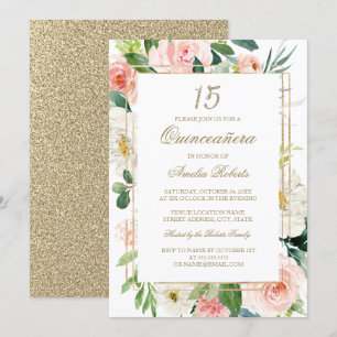 Convites O brilho Dourado cora Quinceanera floral