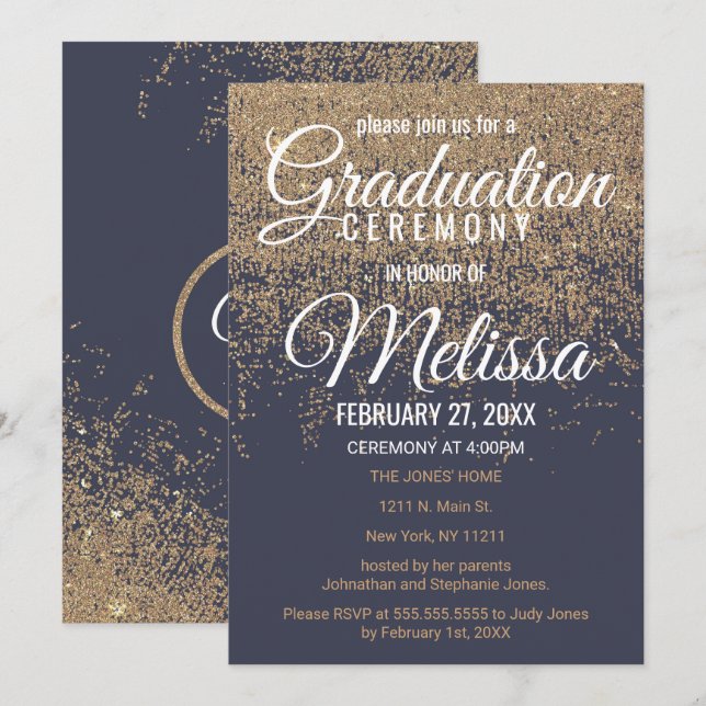 Convites O brilho Dourado Sparkles graduação dos azuis (Frente/Verso)