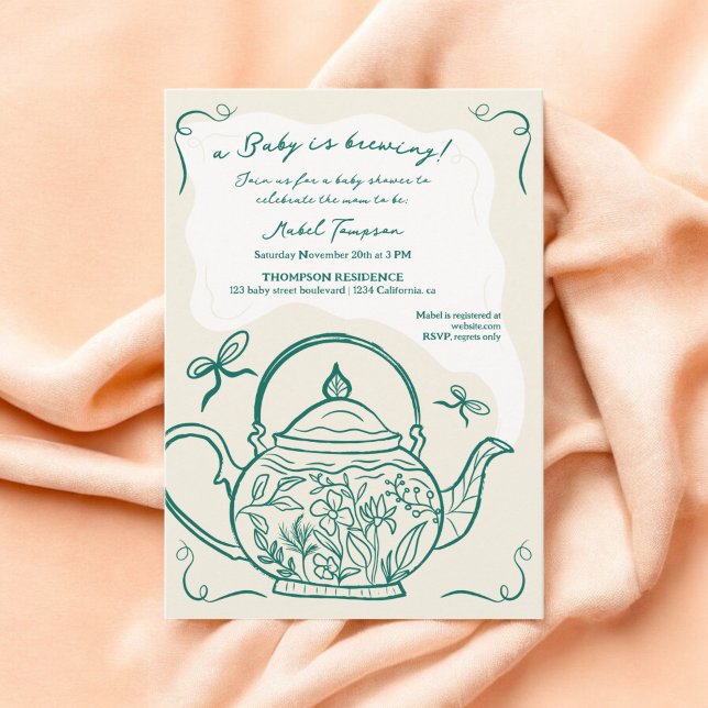 Convites O bule de arco verde retrô bebê está criando Chá d (Retro green bow teapot baby is brewing Baby shower Invitation)