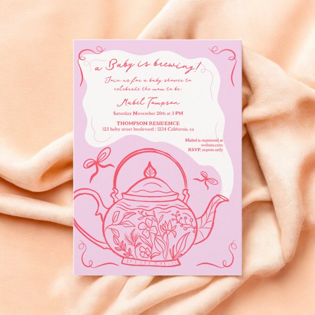 Convites O bule de chá de arcos vermelhos retrorado está cr (Retro red bows teapot baby is brewing Baby shower Invitation)