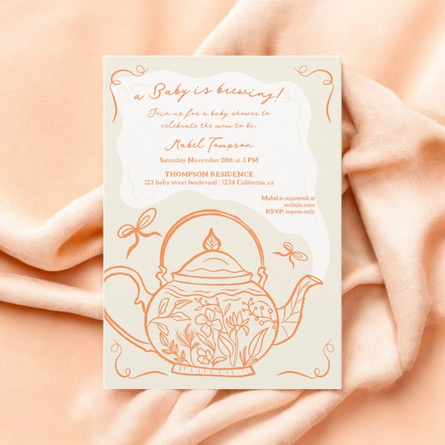 Convites O bule de chá dos arcos de laranja retrorreflector (Retro orange bows teapot baby is brewing shower invitation)