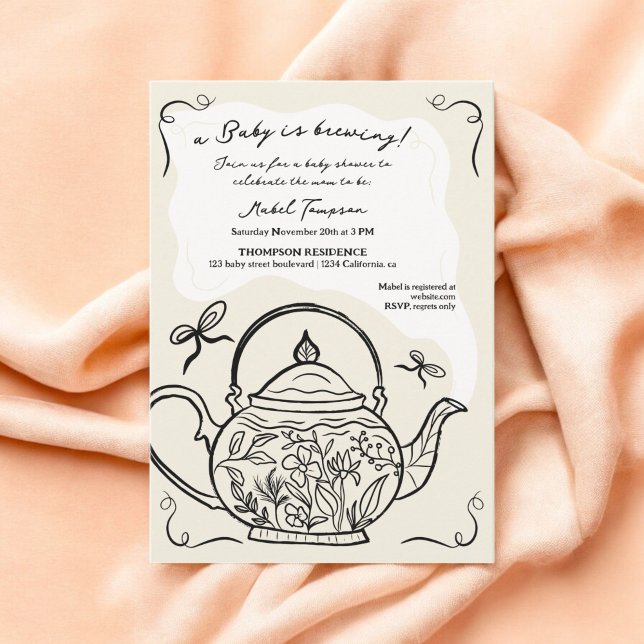 Convites O bule preto de arco retrô bebê está a fazer chá (Retro boho black bow teapot baby is brewing shower invitation)