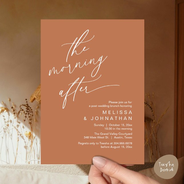 Convites O Café da Manhã Depois, Felizes para Sempre (The Morning After Modern Romantic Post Wedding Elopement Brunch Invitation Card PDF in Copper Brown)