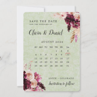 Convites O Calendário Verde Do Boho Burgundy Salva A Data