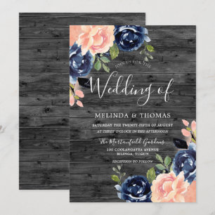 Convites O carvão vegetal rústico cora & o azul marinho