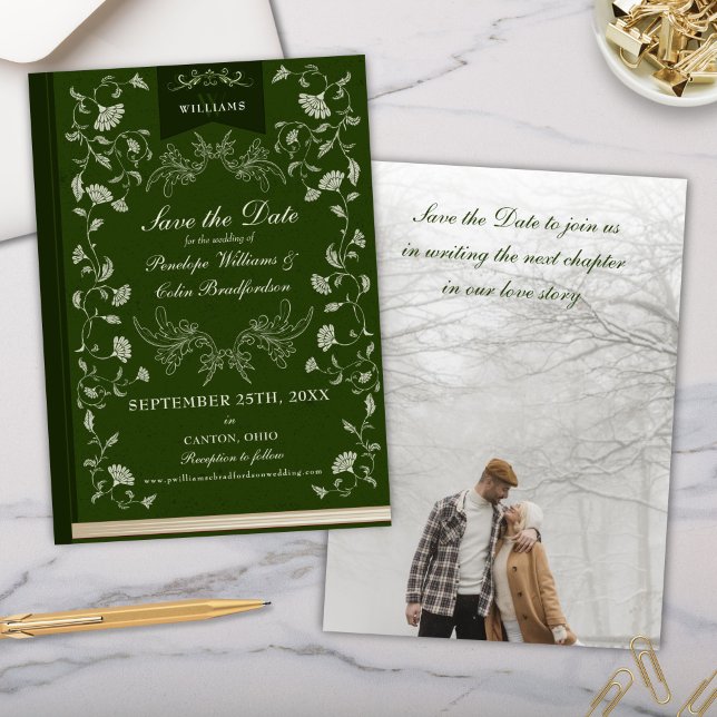 Convites O casamento da Biblioteca Verde do Caçador Elegant (Formal Elegant Hunter Forest Green Floral Wedding Save the Date Invitation Cards)