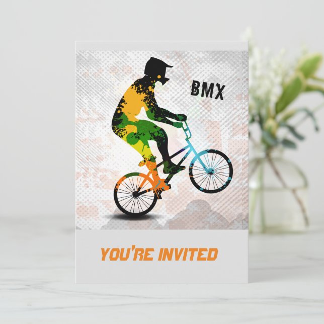 Convites O cavaleiro de BMX na pintura abstrata Splatters Zazzle