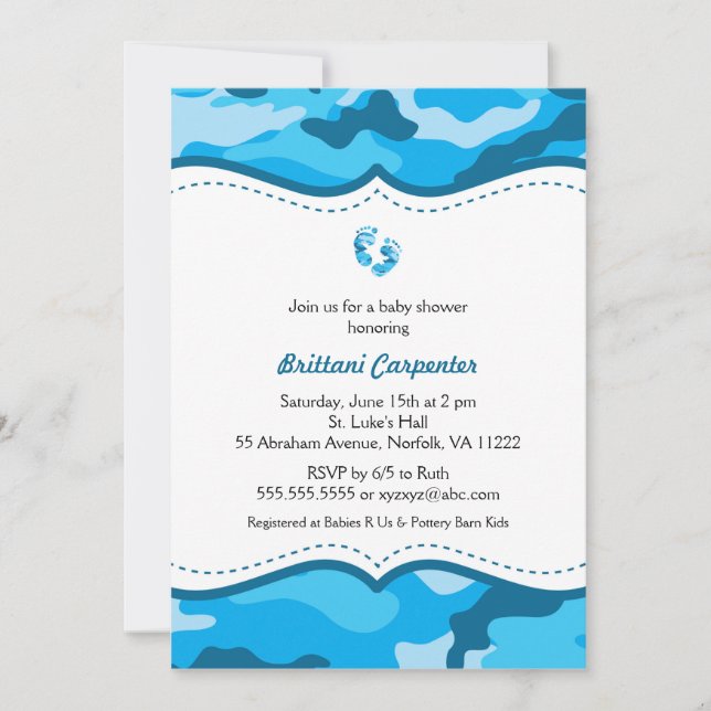 Convites O chá azul da camuflagem do bebé convida os pés (Frente)