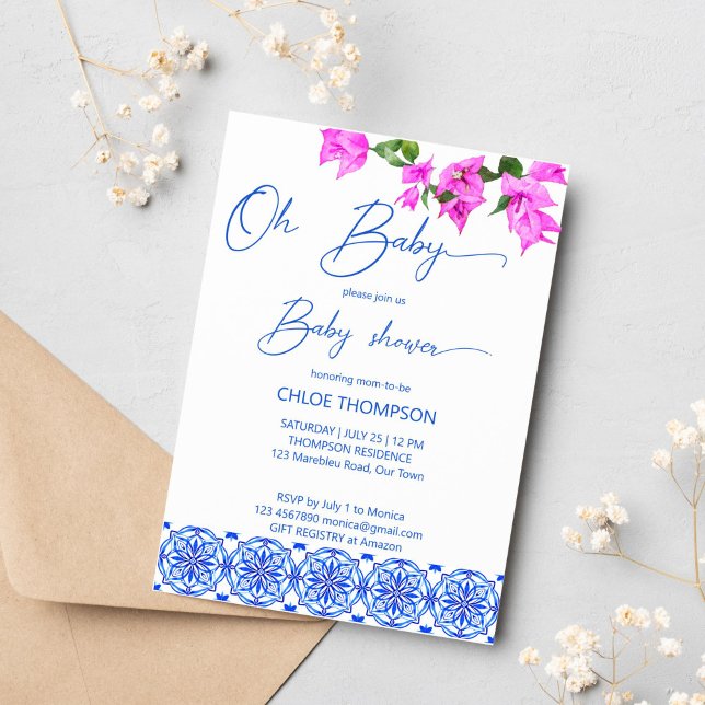 Convites Ó chá de fraldas azul francês bougainvillea (oh baby french blue tiles bougainvillea baby shower invitation template pink and blue Mediterranean)