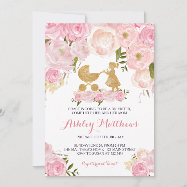 Convites o chá de fraldas da irmã mais velha convida (Frente)