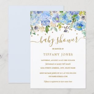 Convites O chá de fraldas floral azul Dourado da aguarela