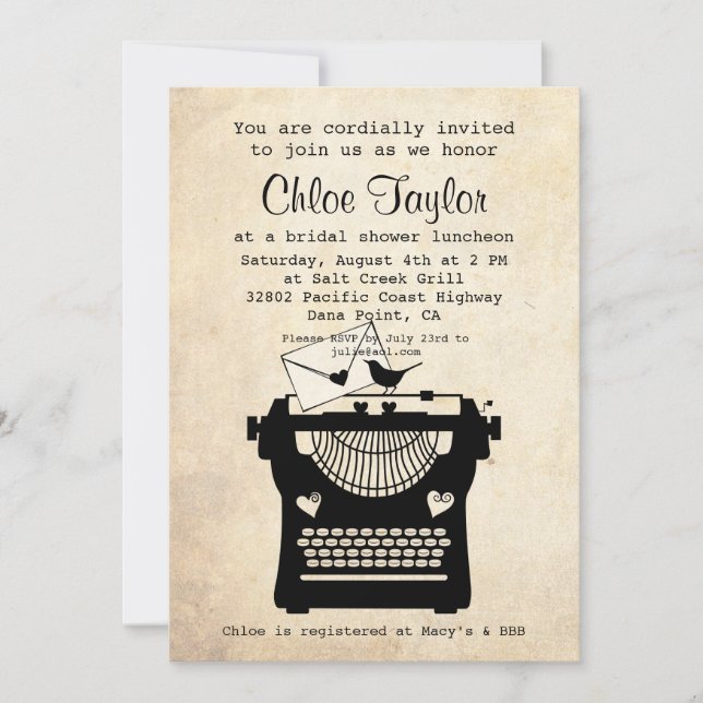 Convites O chá de panela romântico da máquina de escrever (Frente)