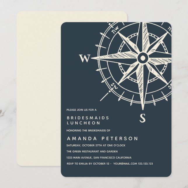 Convites O Compass Azul | Bridesmaids Luncheon Wedding (Frente/Verso)