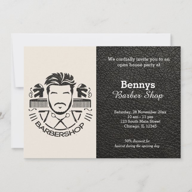 Convites O couro da barbearia está aberto (Frente)