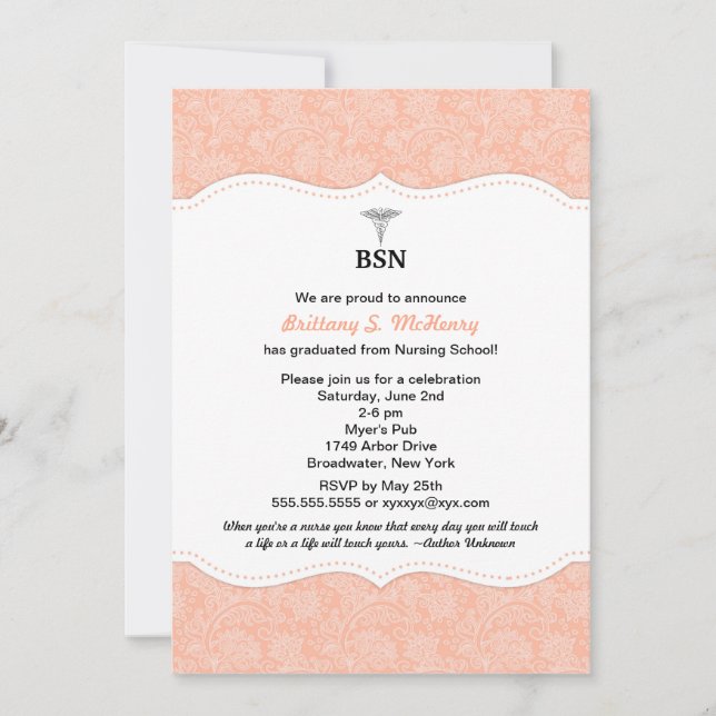 Convites O damasco coral BSN RN LPN da graduação da (Frente)