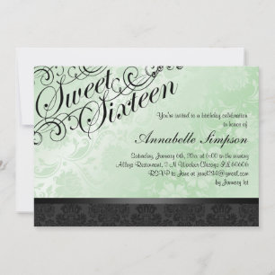 Convites O damasco floral chique verde & preto Sweet16